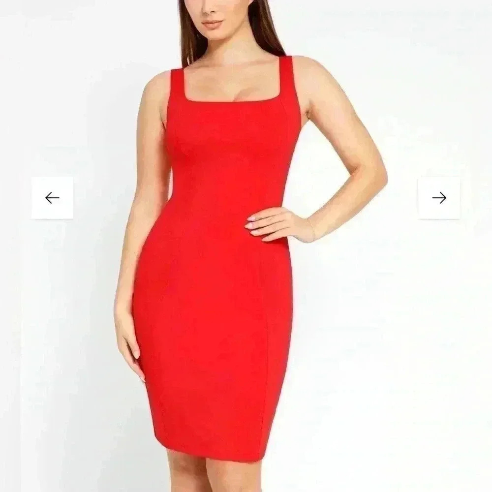 NWT POPILUSH Shapewear Dress Workwear Square Neck Sleeveless Midi - Holiday Red